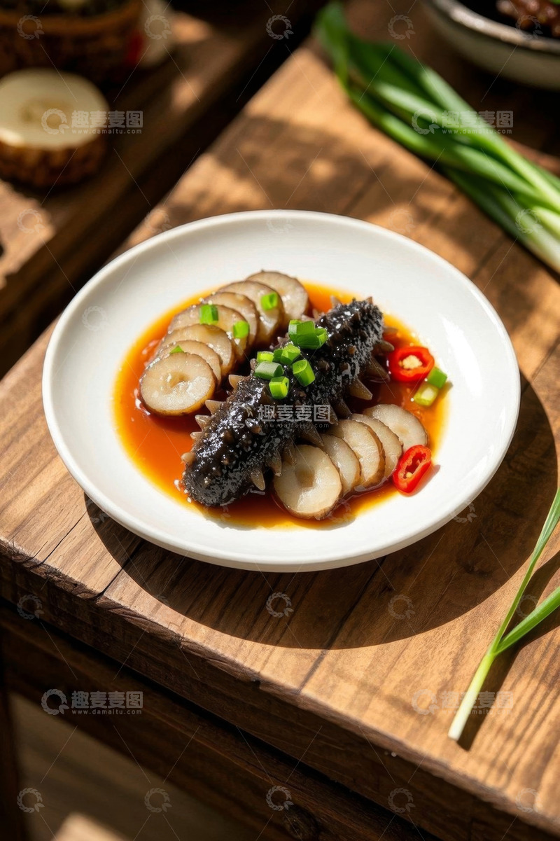 高清大图下载【趣麦麦图】盘中美味海参菜肴特写