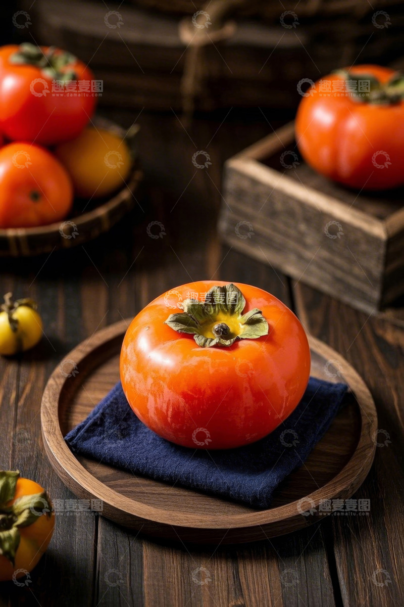 高清大图下载【趣麦麦图】木盘上摆放的新鲜柿子