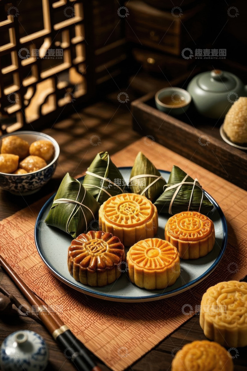高清大图下载【趣麦麦图】中式传统点心月饼与粽子摆盘