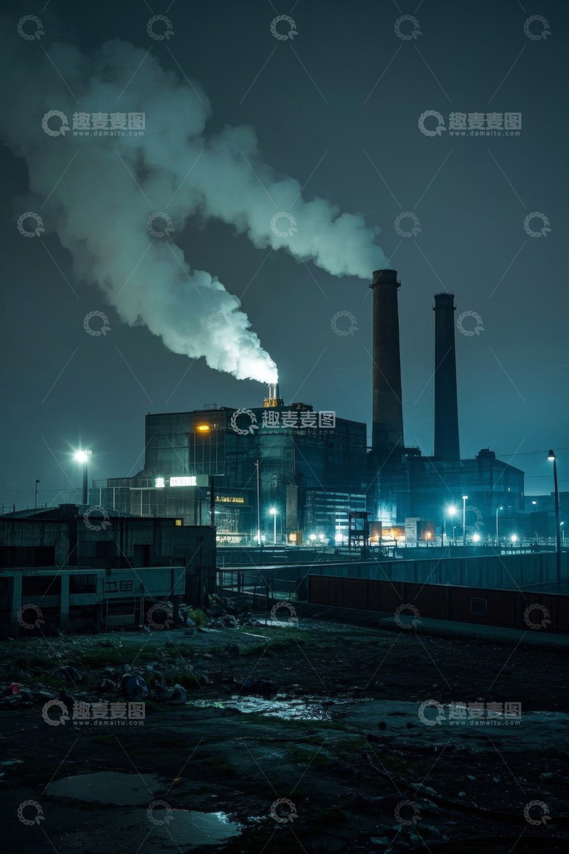 高清大图下载【趣麦麦图】夜间工厂烟囱排放烟雾景象