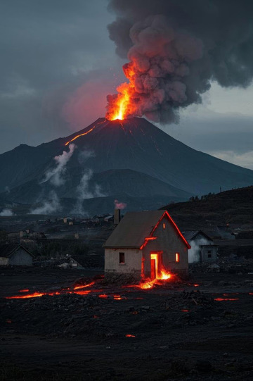 火山喷发下的房屋景象