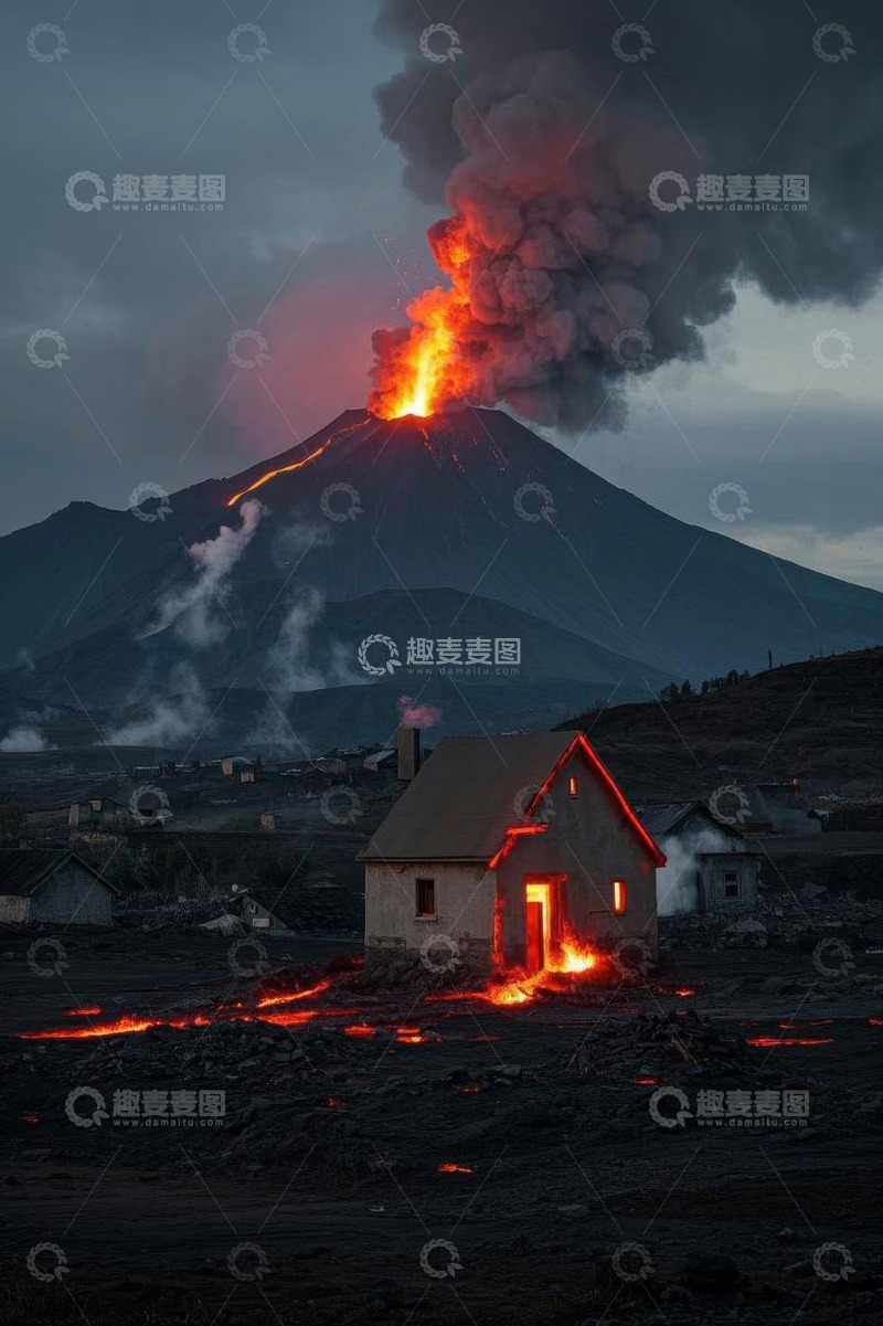 高清大图下载【趣麦麦图】火山喷发下的房屋景象