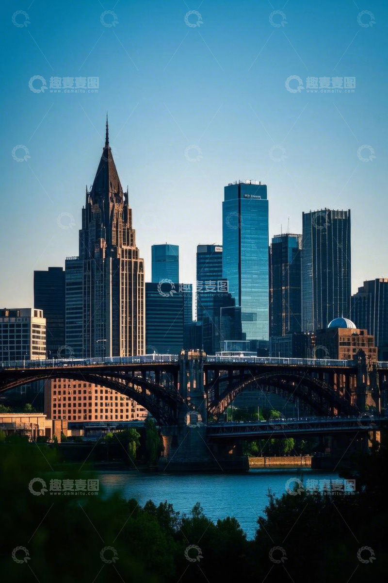 高清大图下载【趣麦麦图】城市河畔桥梁与高楼景观