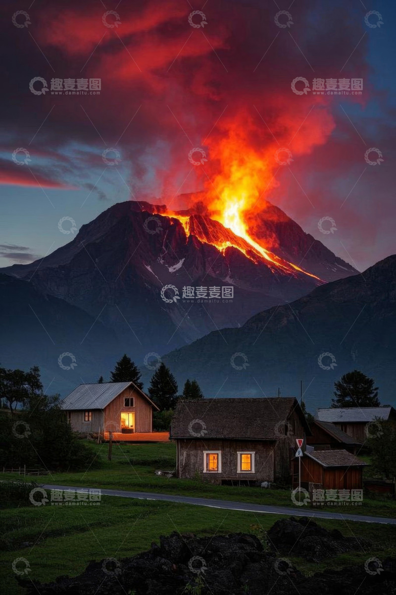 高清大图下载【趣麦麦图】火山喷发下的乡村景象