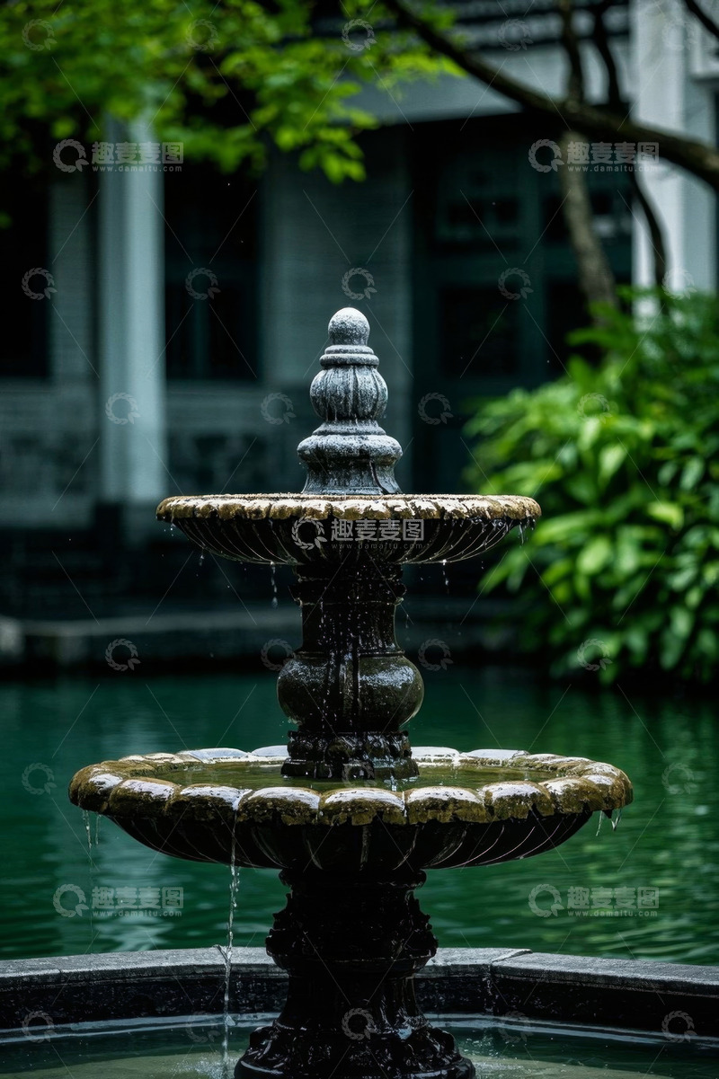 高清大图下载【趣麦麦图】庭院中的双层喷泉景观
