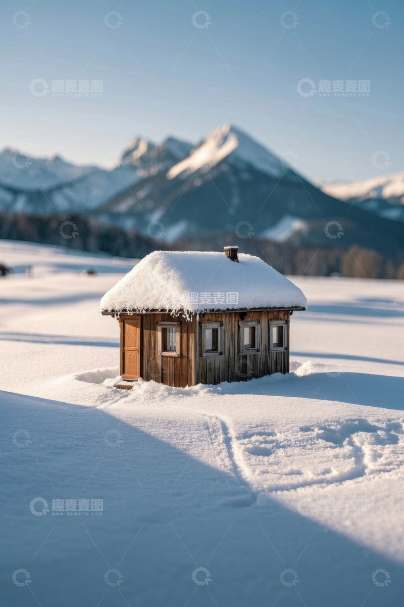高清大图下载【趣麦麦图】雪中山景旁的木屋