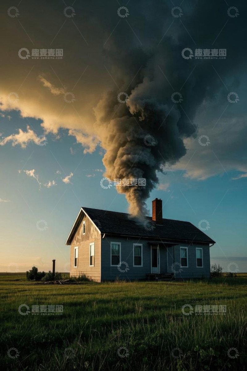 高清大图下载【趣麦麦图】草原上冒烟的独栋房屋