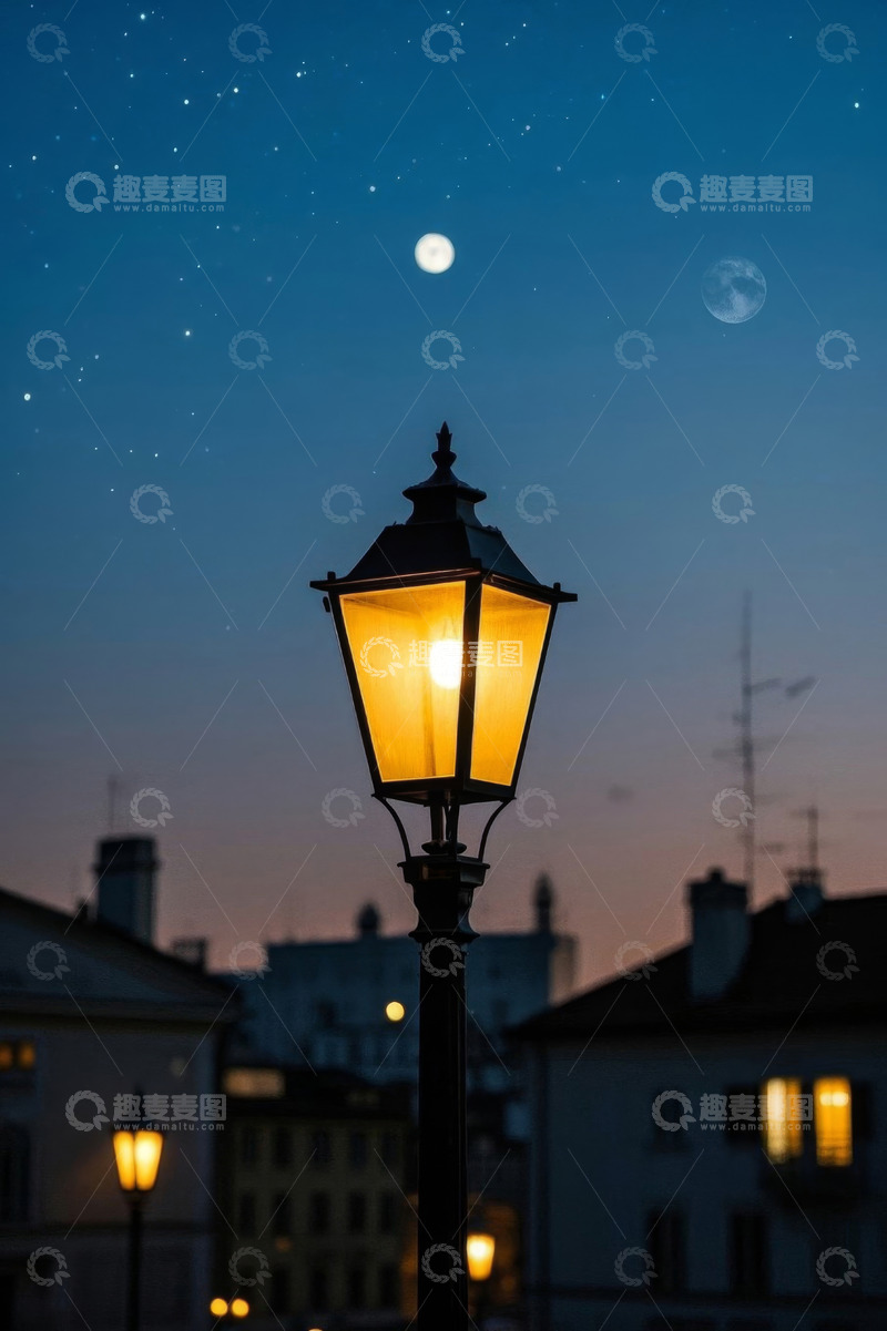 高清大图下载【趣麦麦图】夜晚城市街道的点亮路灯