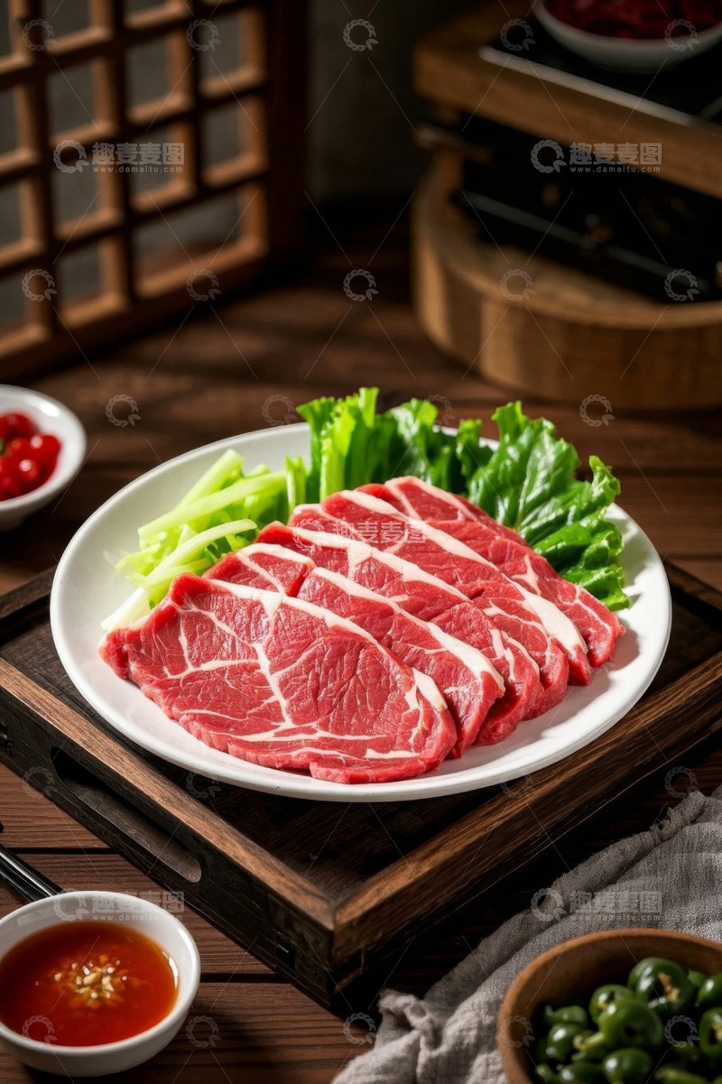 高清大图下载【趣麦麦图】木盘上摆放的新鲜生牛肉片