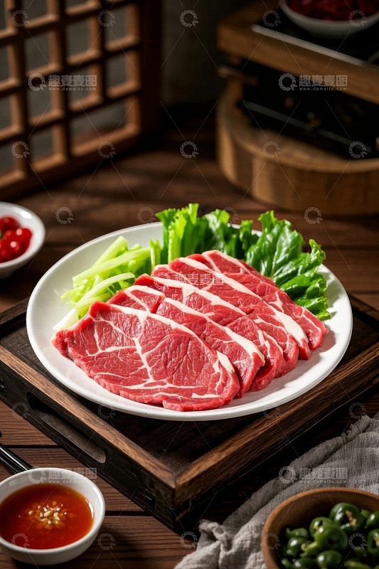 木盘上摆放的新鲜生牛肉片