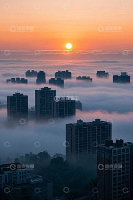 城市日出云海中的高楼景观