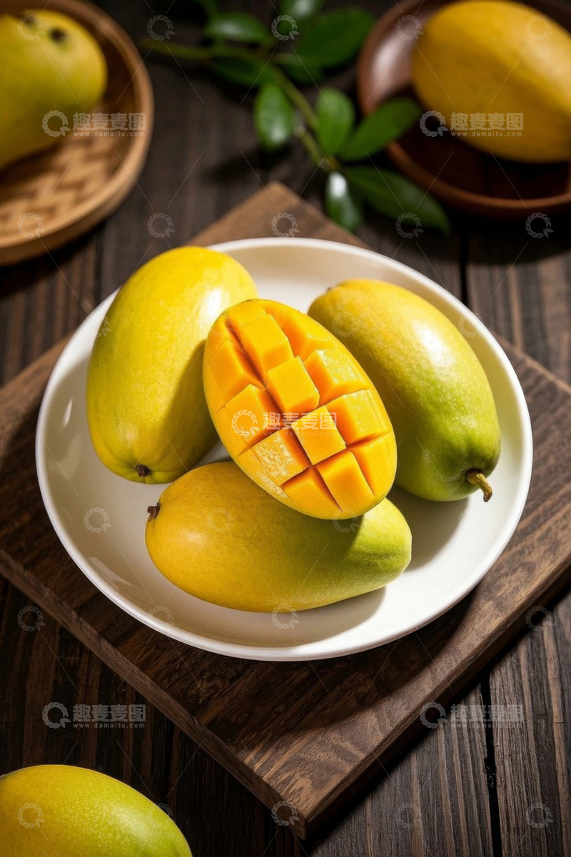 高清大图下载【趣麦麦图】木桌上盘子里的新鲜芒果