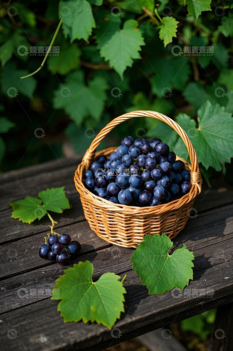 高清大图下载【趣麦麦图】木桌上篮子里的紫葡萄