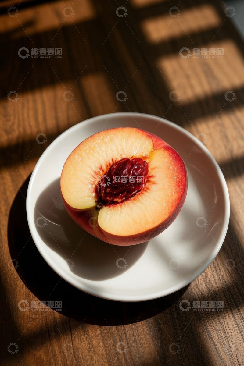 高清大图下载【趣麦麦图】木桌上白盘里的半颗桃子