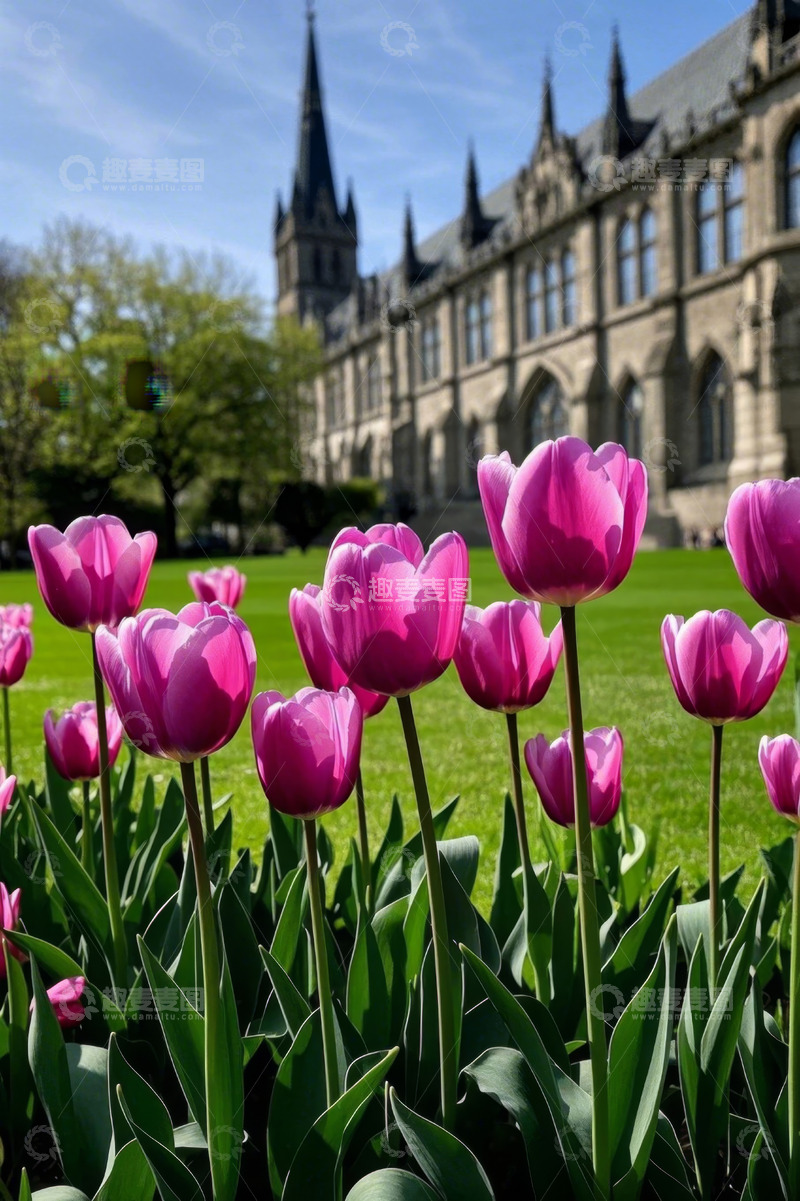 高清大图下载【趣麦麦图】欧式建筑前盛开的粉色郁金香