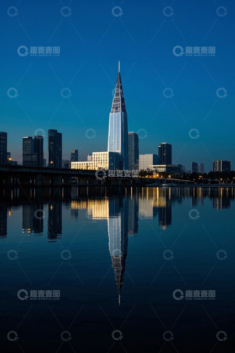 高清大图下载【趣麦麦图】城市高楼倒映在水面的景象