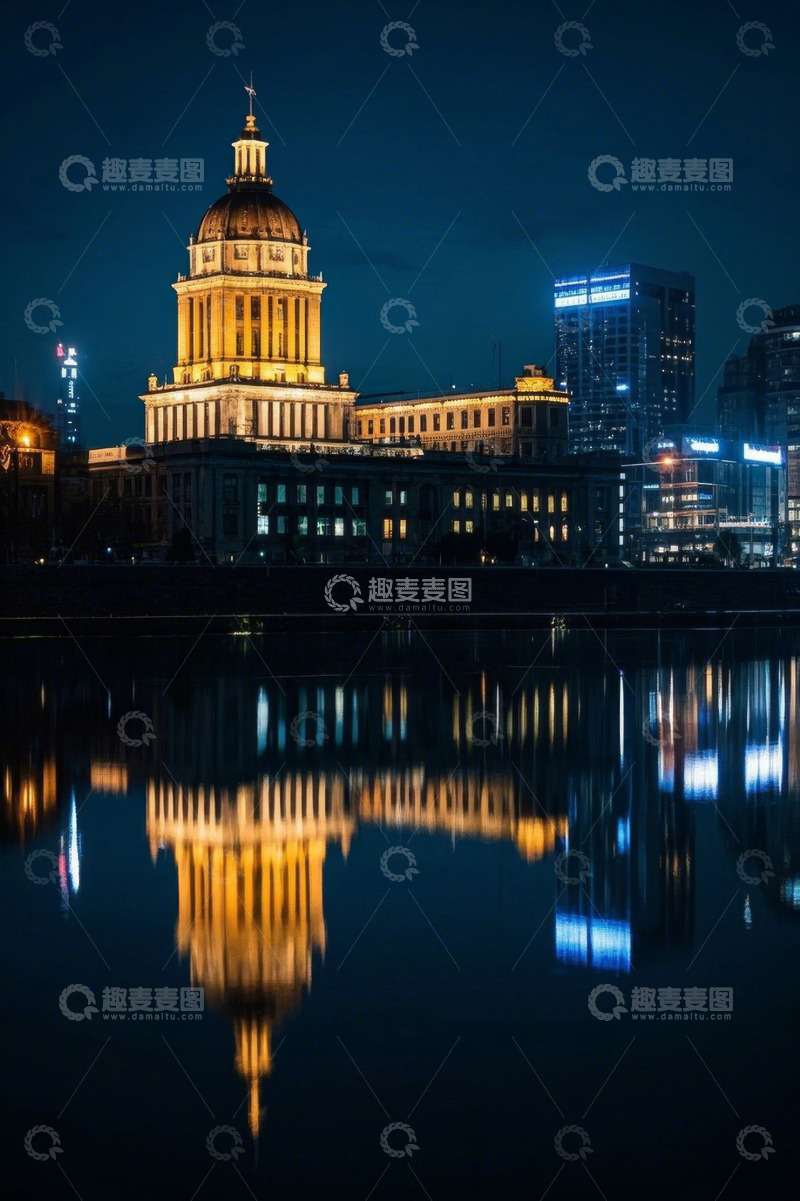 高清大图下载【趣麦麦图】夜晚城市建筑湖面倒影景观
