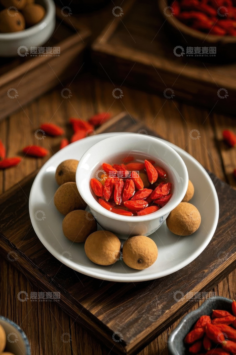 高清大图下载【趣麦麦图】茶杯中泡着枸杞与周围龙眼