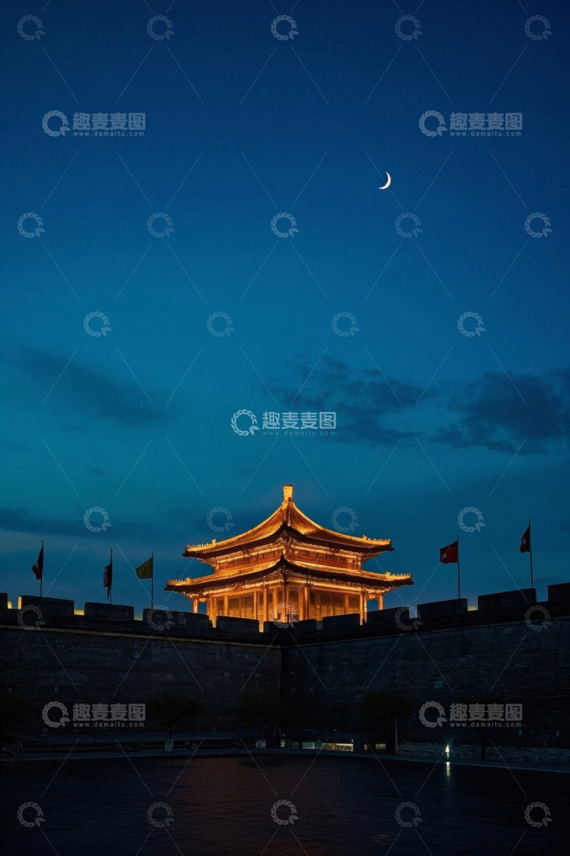 高清大图下载【趣麦麦图】夜晚古城墙城楼与弯月景观