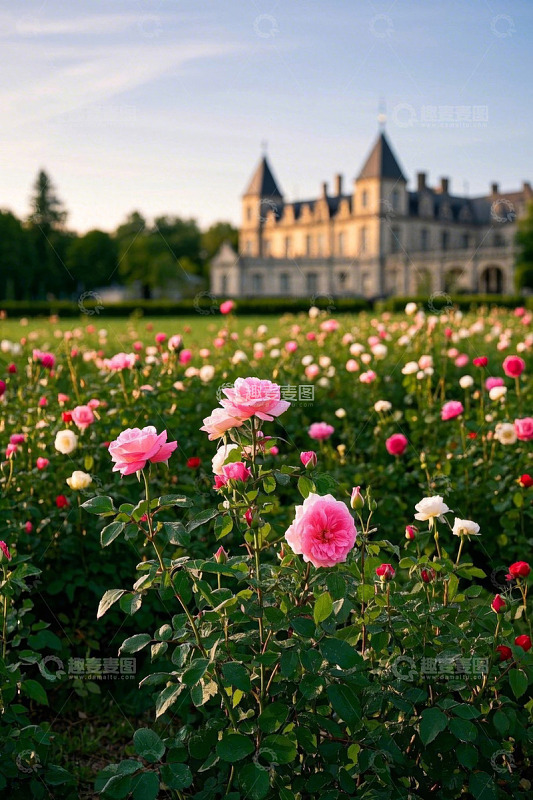 玫瑰花园中的欧式城堡景观