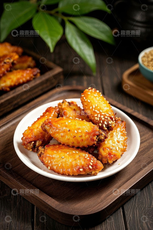 盘中撒芝麻油炸鸡翅美食