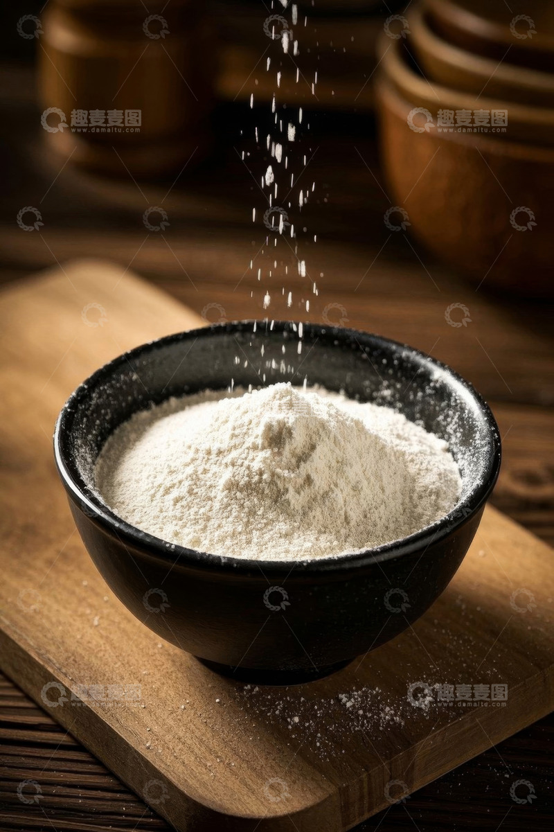 高清大图下载【趣麦麦图】碗中面粉洒落于木案板上