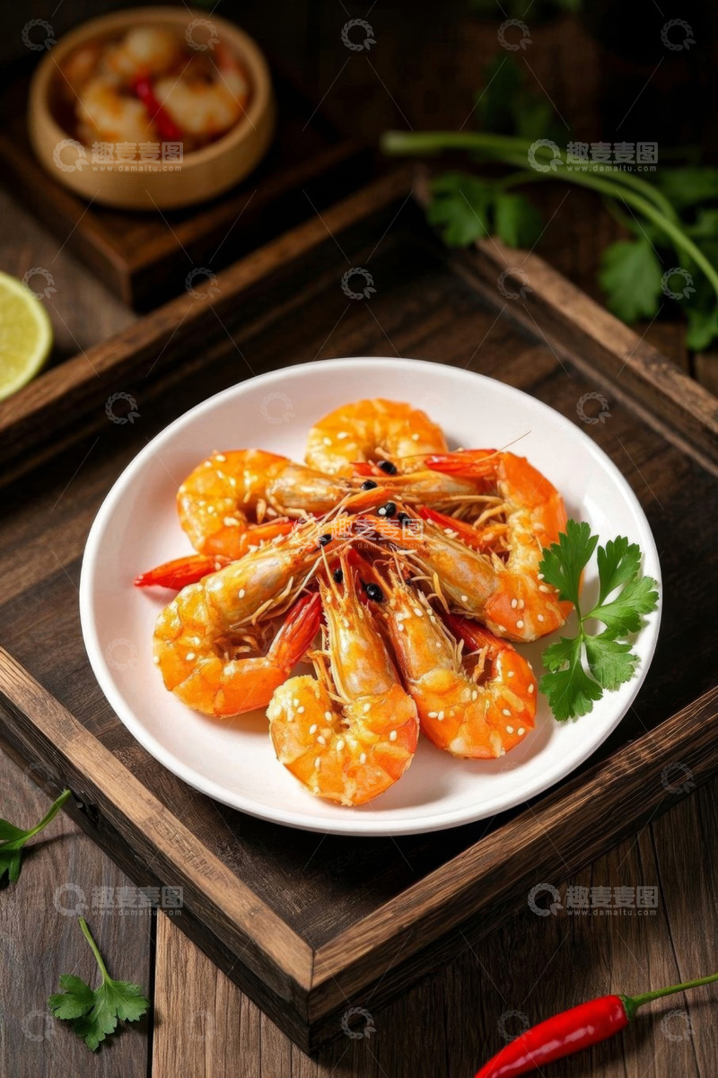 高清大图下载【趣麦麦图】木盘上摆放的美味大虾