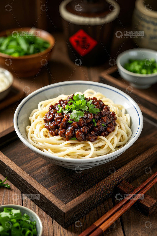 中式木桌上的一碗肉酱面条