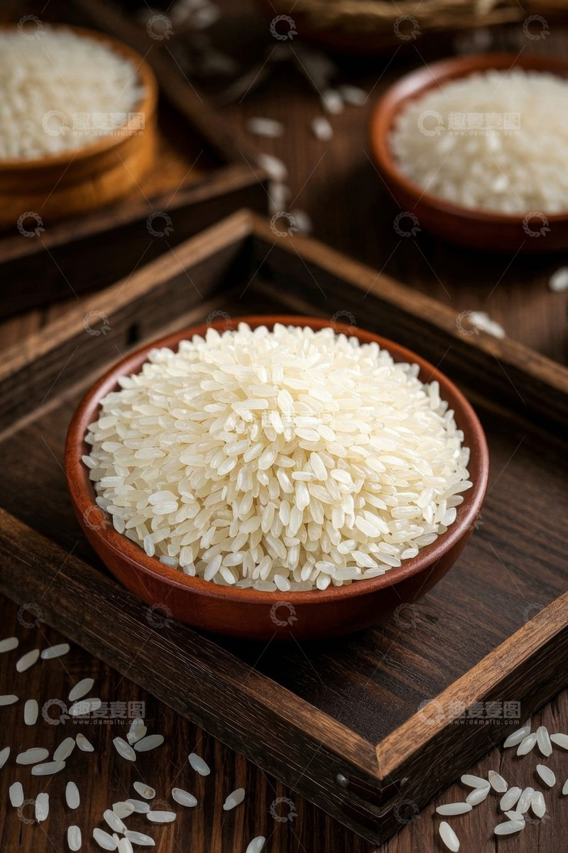 高清大图下载【趣麦麦图】木盘木碗盛放的优质大米