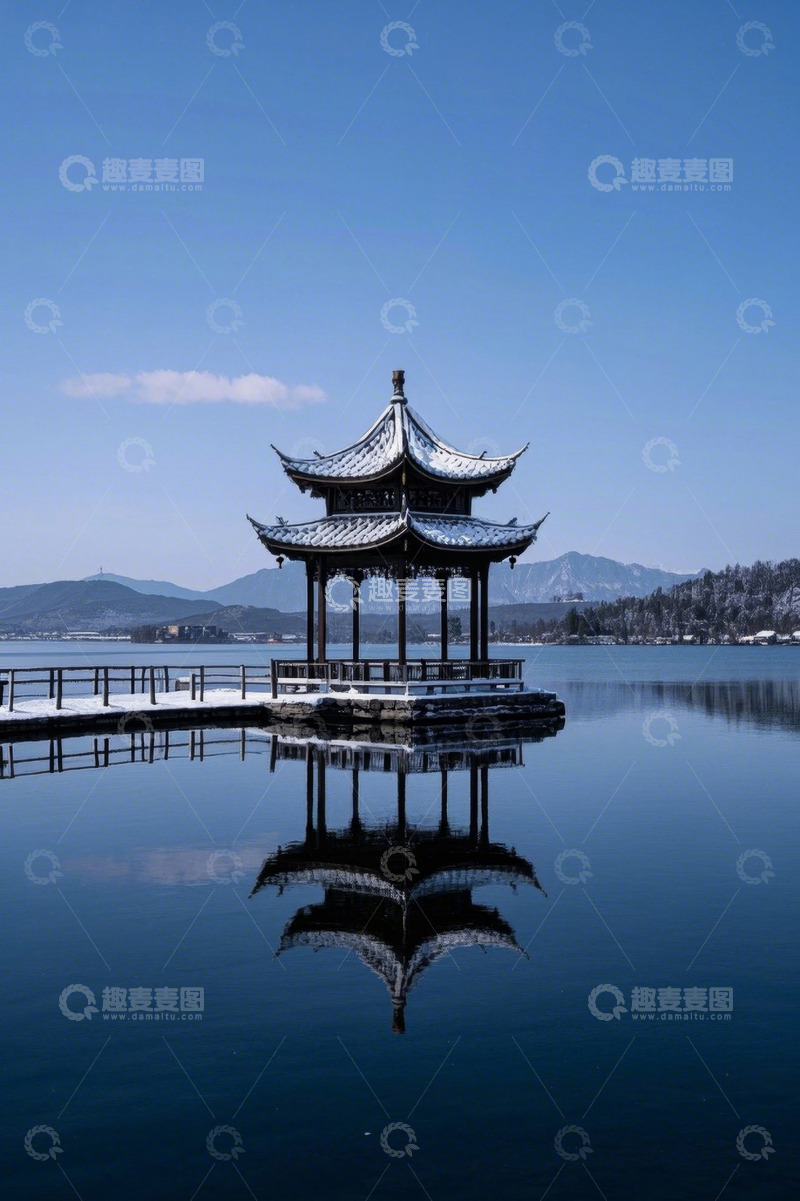 高清大图下载【趣麦麦图】杭州西湖雪景中的湖心亭