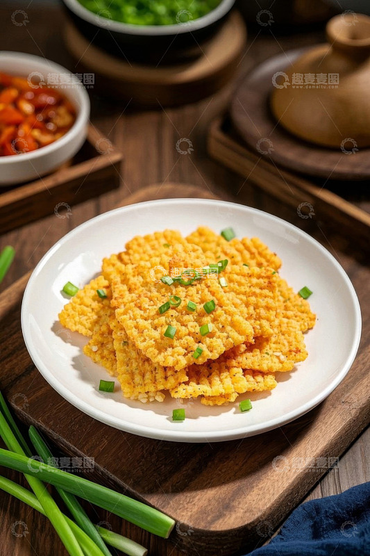 木盘上的撒葱美味锅巴