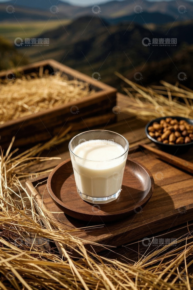 高清大图下载【趣麦麦图】木托盘上的玻璃杯装牛奶