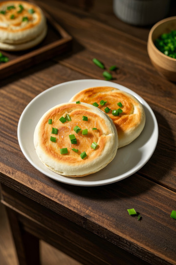 木桌上摆放的葱花饼美食