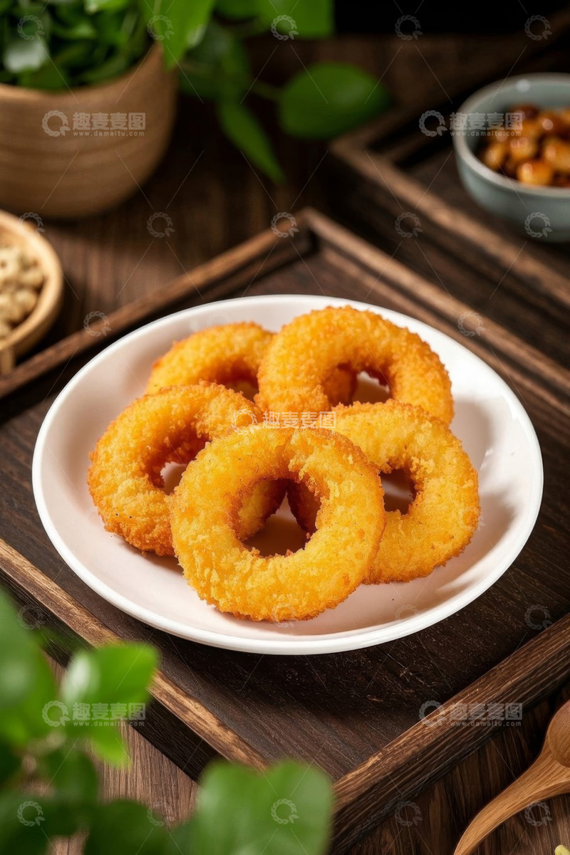 高清大图下载【趣麦麦图】木盘上的油炸环形美食