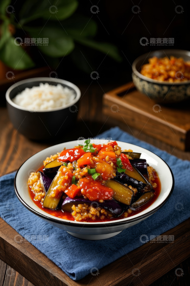高清大图下载【趣麦麦图】木桌摆盘的茄子菜肴与米饭