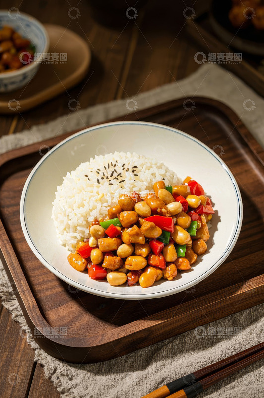 木盘上的宫保鸡丁盖浇饭