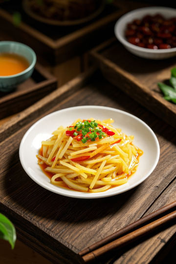 木桌上的美味炒土豆丝
