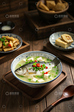 木桌上的鲫鱼豆腐汤及配菜