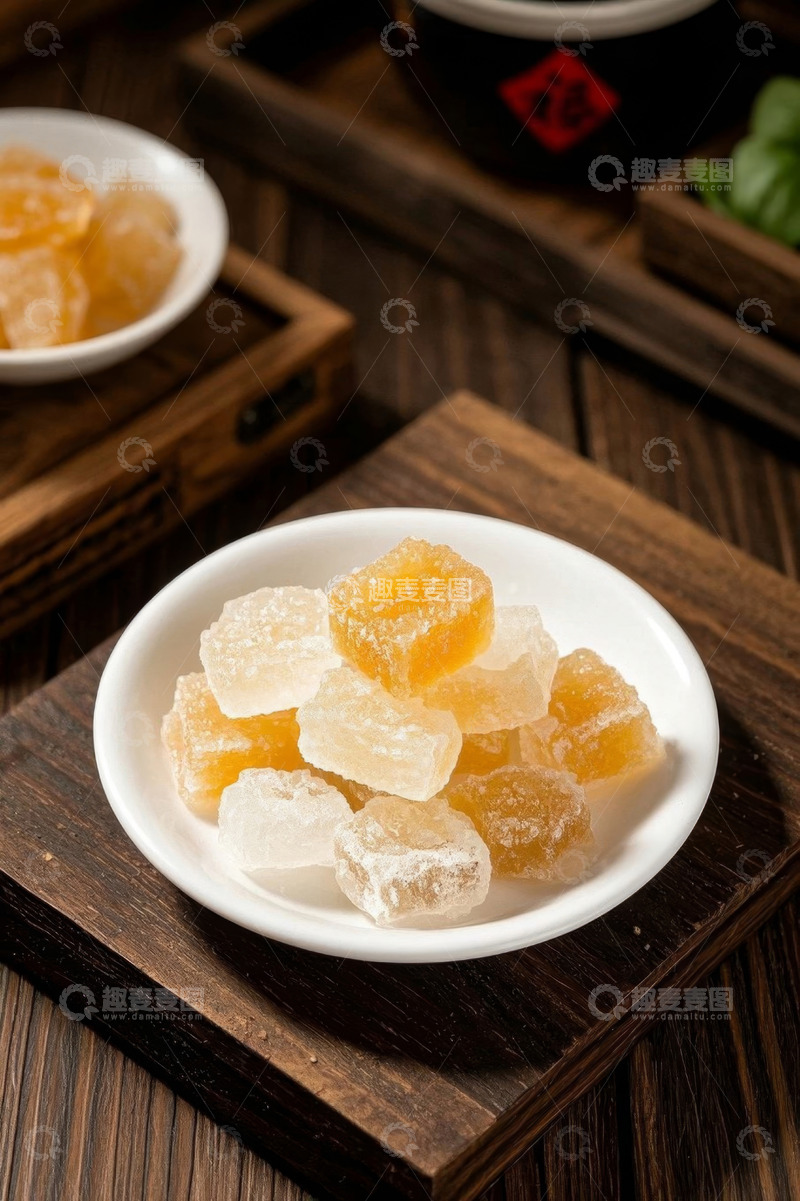 高清大图下载【趣麦麦图】木盘上白色瓷碗中的块状冰糖