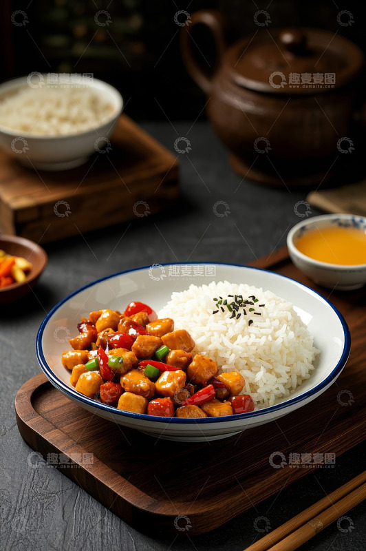 中式盖饭搭配茶具美食场景