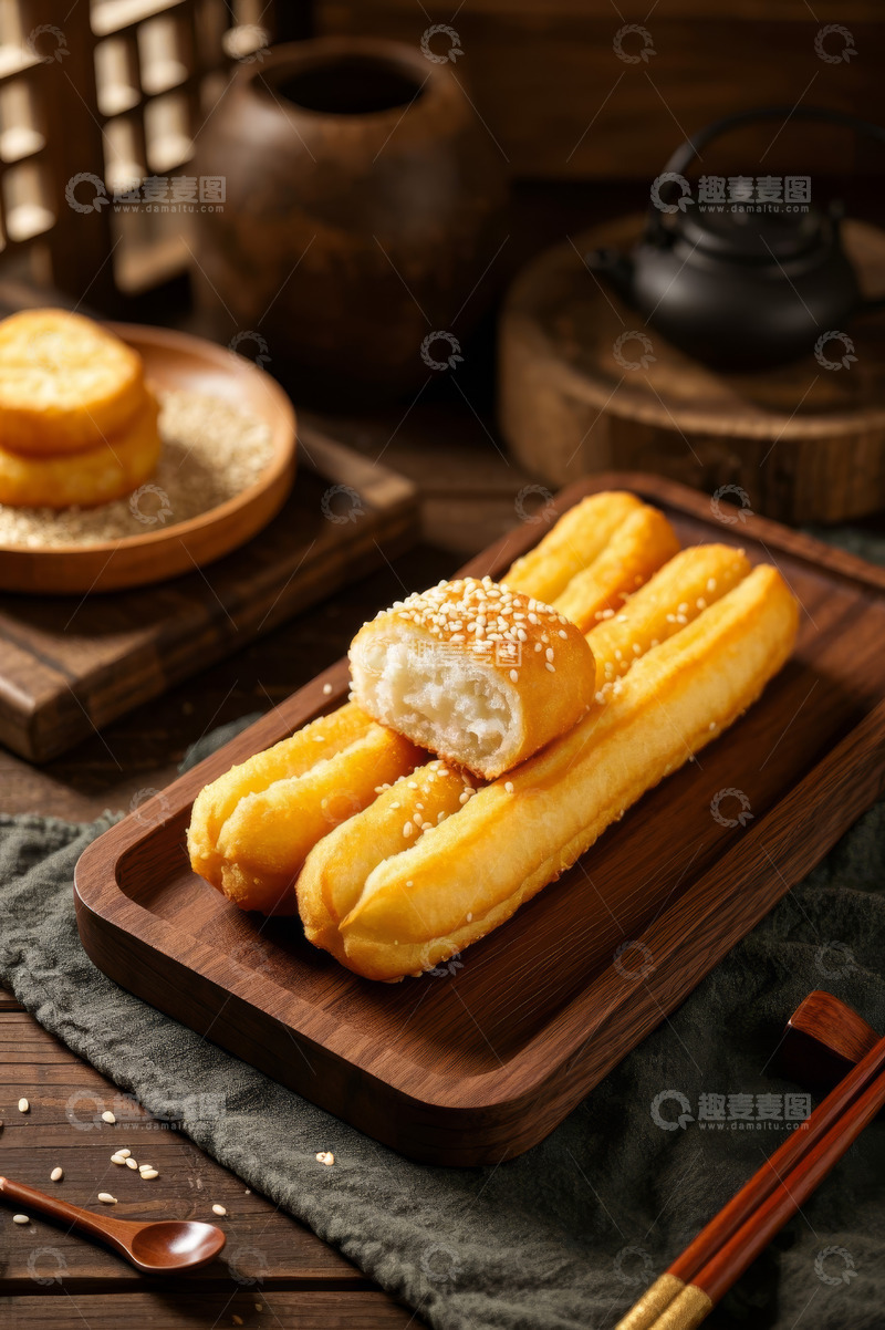高清大图下载【趣麦麦图】木盘上摆放的香脆油条