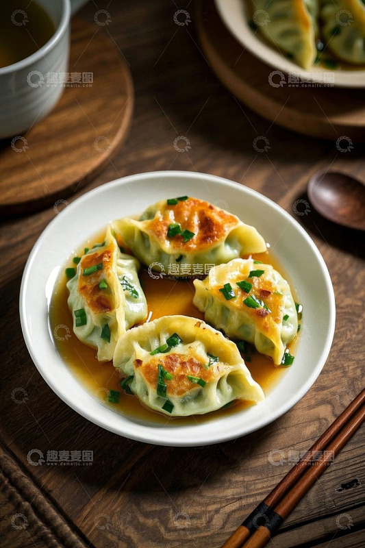 中式煎饺配酱汁与葱花