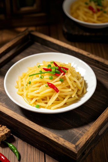 木盘装醋溜土豆丝特写