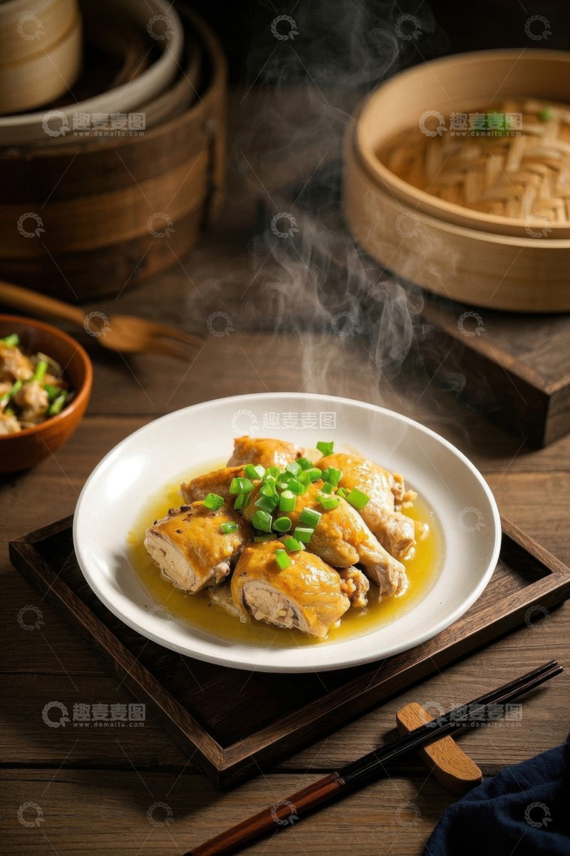 高清大图下载【趣麦麦图】白盘盛葱花鸡肉美食静物
