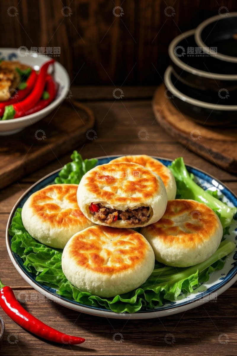 高清大图下载【趣麦麦图】木桌上摆放的肉馅饼美食