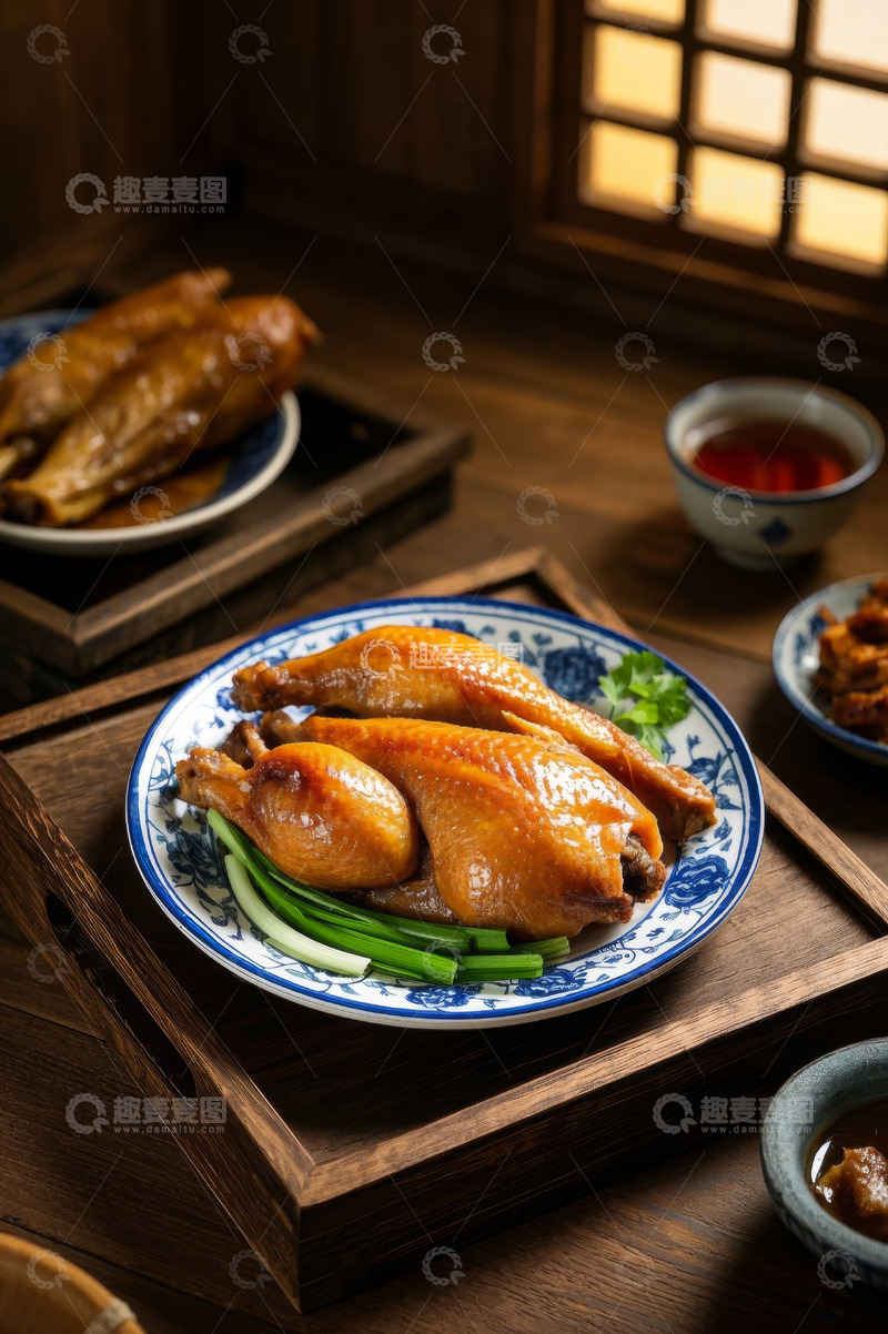高清大图下载【趣麦麦图】中式餐桌上的美味烤鸡菜肴