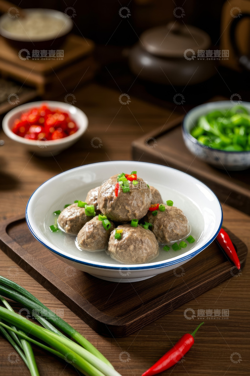 高清大图下载【趣麦麦图】碗装肉丸配葱与辣椒
