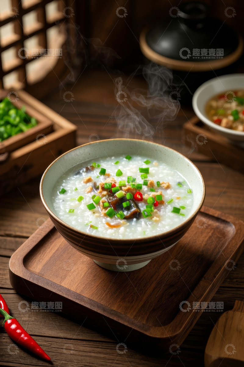 高清大图下载【趣麦麦图】中式实木桌上的营养美味粥