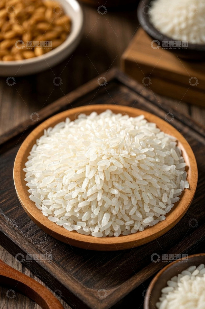 高清大图下载【趣麦麦图】木盘盛放的新鲜大米特写