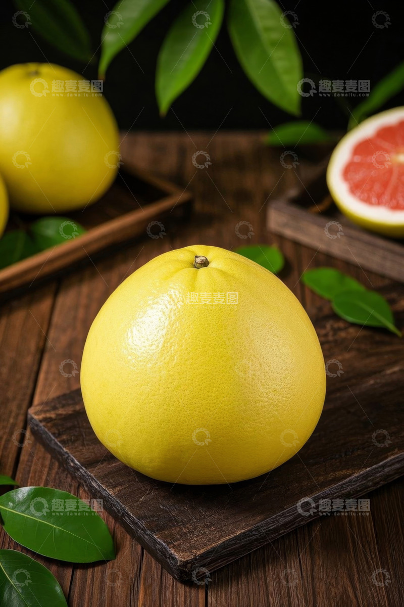 高清大图下载【趣麦麦图】木盘上的新鲜柚子及切片